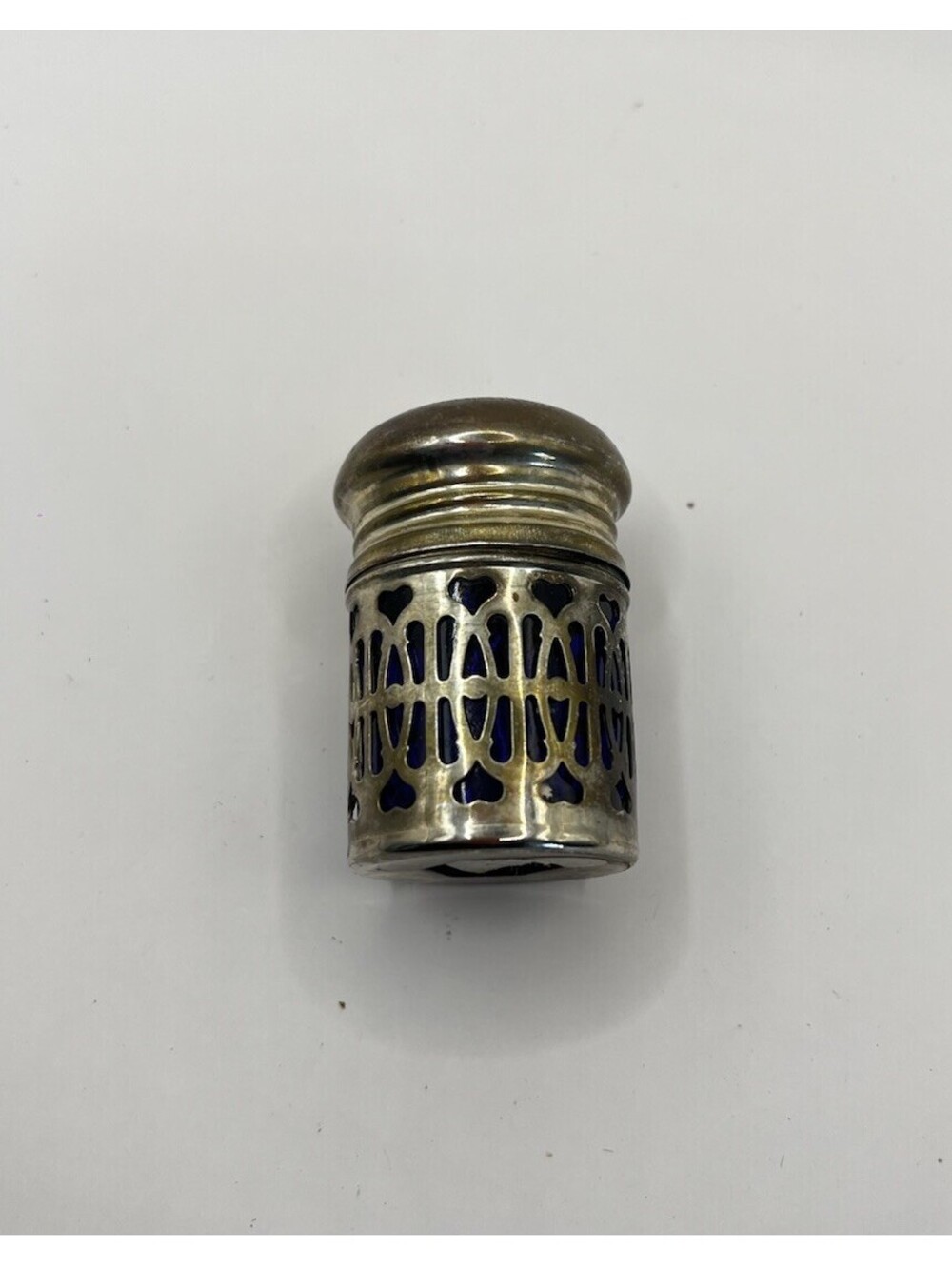Vintage Cobalt Blue Glass Salt Shaker Pierced Silver Heart Filigree Cutout 2.25"